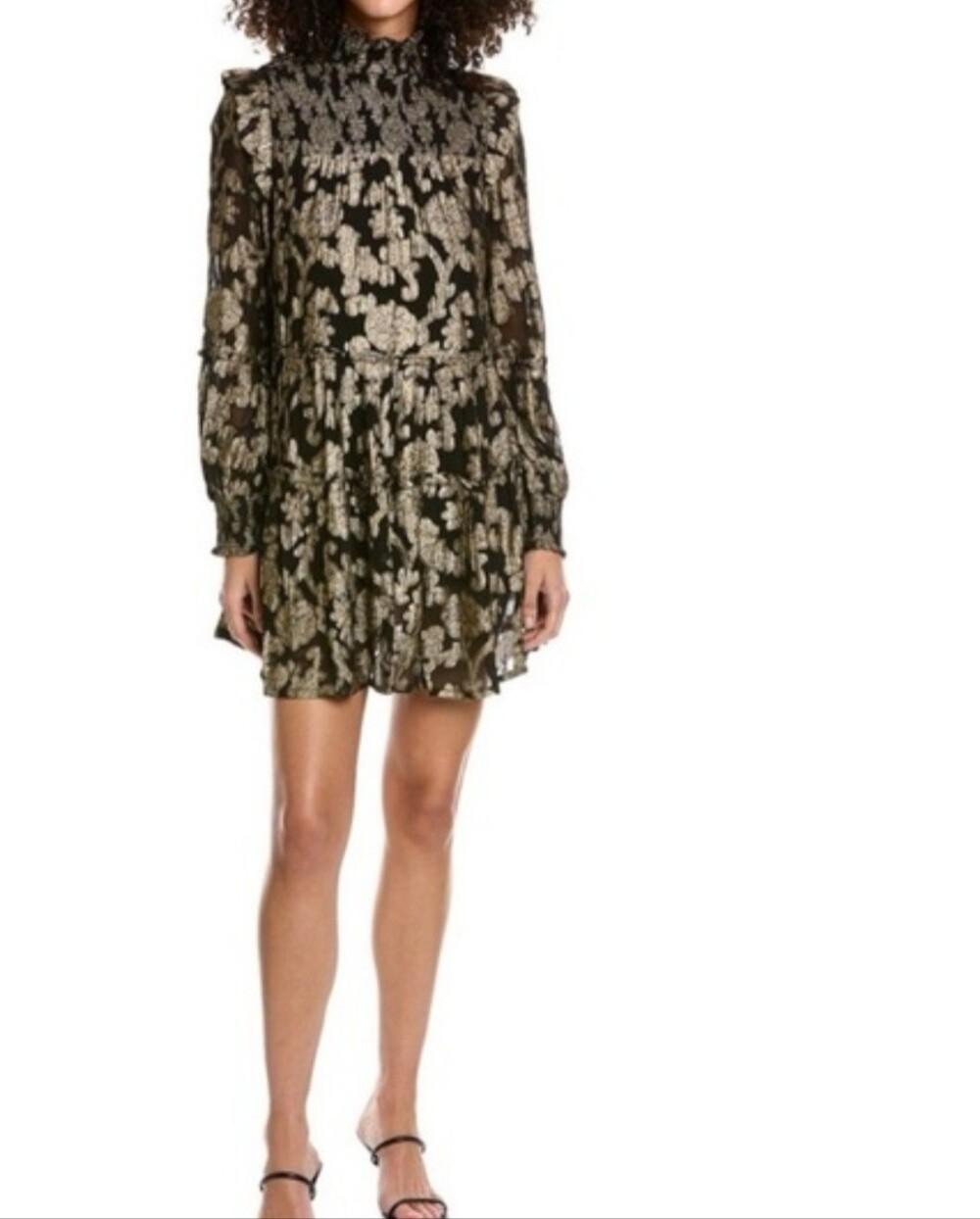 ELAN Metallic Mock Neck Mini Dress Women's M Black/Gold Floral Back Zip Closure.
